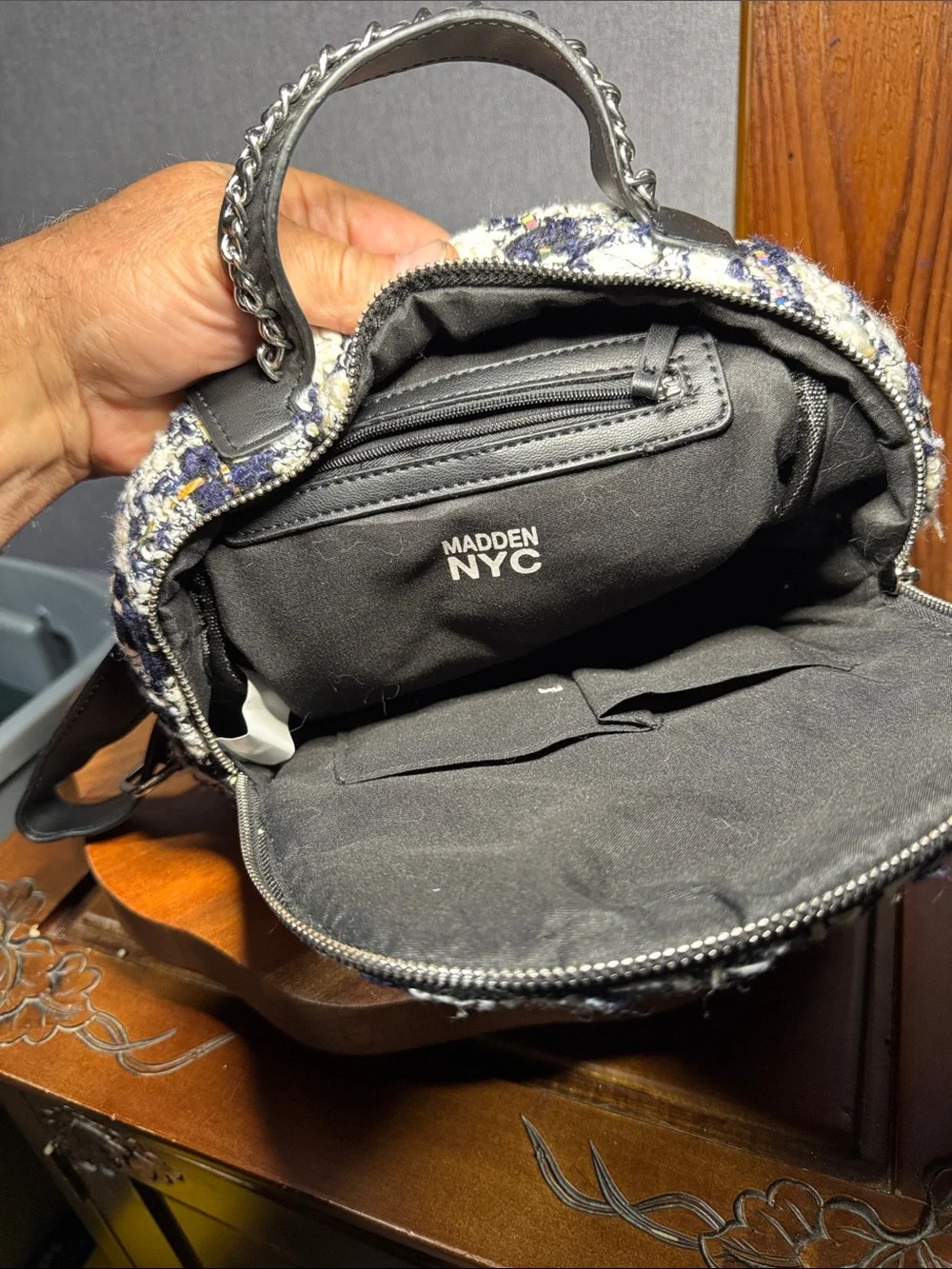 Madden NYC Tweed Mini Backpack - White & Navy